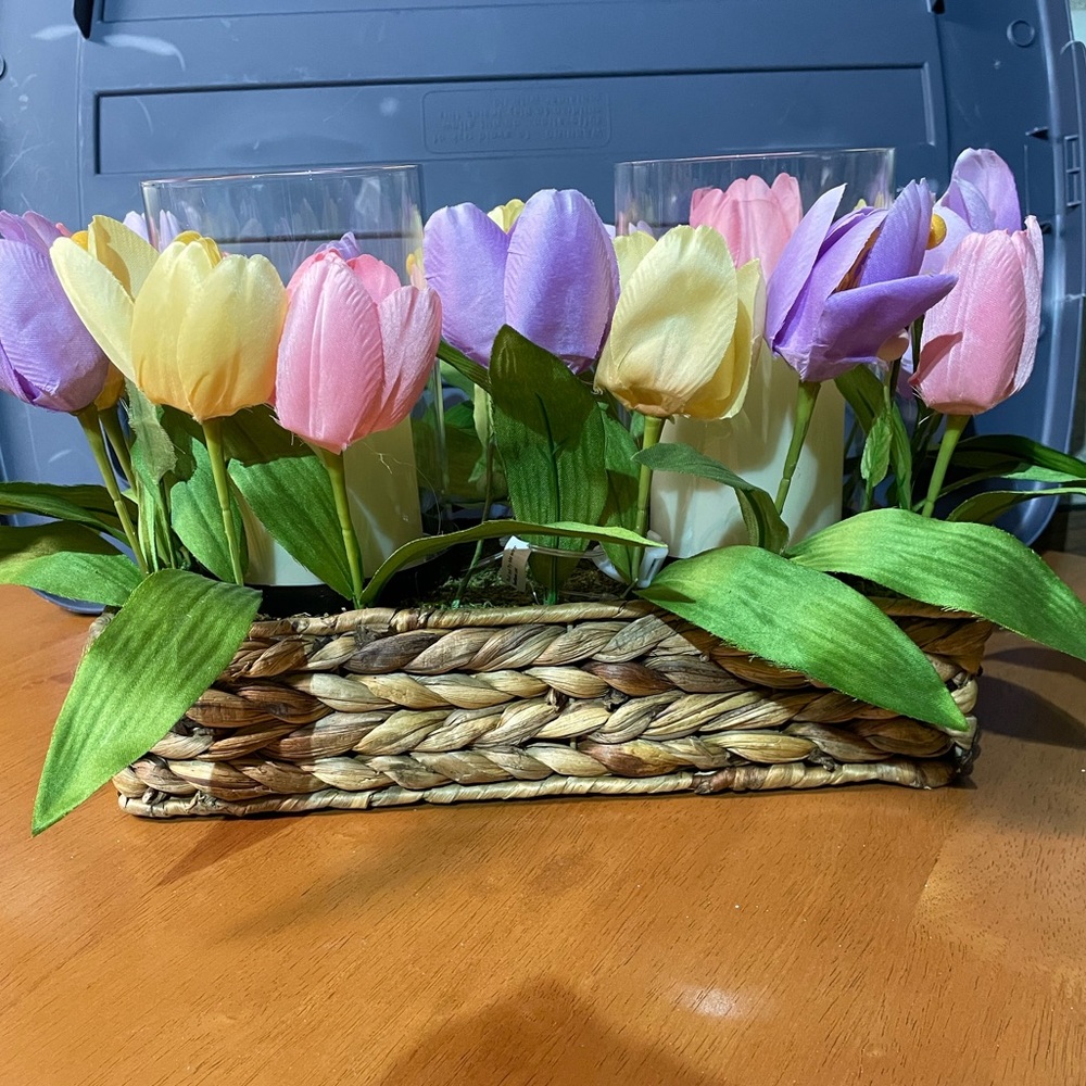 Woven Basket with Multicolor Tulip Arrangement